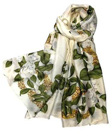 Shanlin Seiden-Haptik, lang, florales Satin, Schals für Damen, in Geschenkbox, Gardenia-weiß-blau, 70.5x35.4 (180x90cm)