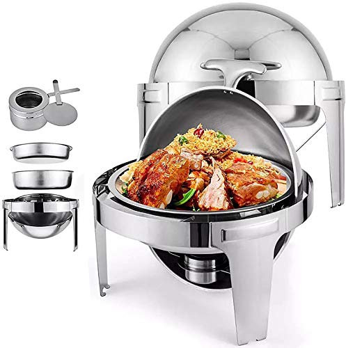 6.8L Roll Top Chafing Dish, Full Size Stainless Steel Chafer and Buffet Warmers Set with Food Pan, Water Pan and Fuel Holders for Wedding, Parties(Round)