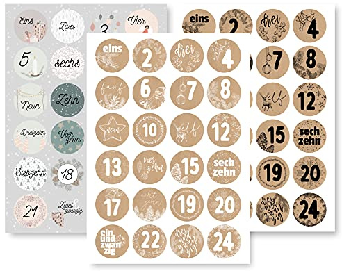 Adventskalender Aufkleber Set (Zahlen 1-24) - 3 x 24 Sticker für Kalender zum selber basteln für Weihnachten - Adventskalenderzahlen Etiketten selbstklebend - Zahlenaufkleber - Nummern Papiertüten