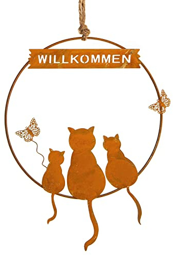 Katzen-Dekokranz: Türschild Willkommen mit Katzenfiguren, Deko Metallkranz, Anhänger Katze Tür, Wand & Fenster, Metallanhänger Innen, Geschenke für Katzenfans, Fensterdeko Figuren Vintage, 19 x 25 cm