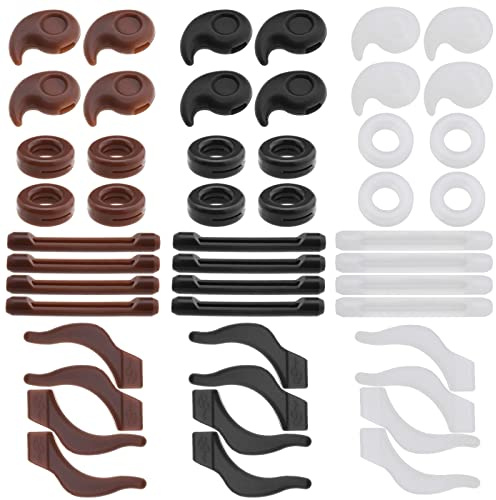 VGOL 24 Pairs Eyeglasses Retainers Silicone Glasses Temple Holders Anti-Slip Protectors Glasses Stoppers Ear Grip Hooks 4 Designs Black White Brown