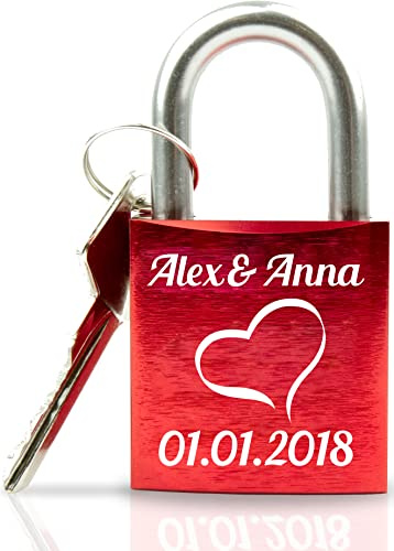 Geschenkfreude Liebesschloss mit Gravur und Schlüssel - rot - Herz schräg | Valentinstagsgeschenk, personalisiertes Liebesschloss, Pärchengeschenk, Liebesschloss mit Gravur, Geschenke für Paare