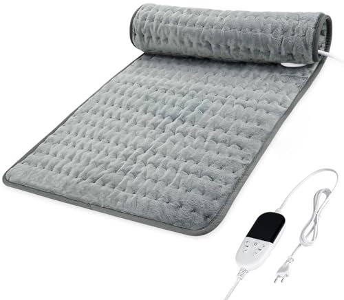 Heizkissen mit Abschaltautomatik, 84 x 43 cm Elektrisches Wärmekissen mit Schneller Heiztechnik und Timer, Sicheres Wärmepads aus Weiches Flanell für Rücken Nacken Schulter, Grau