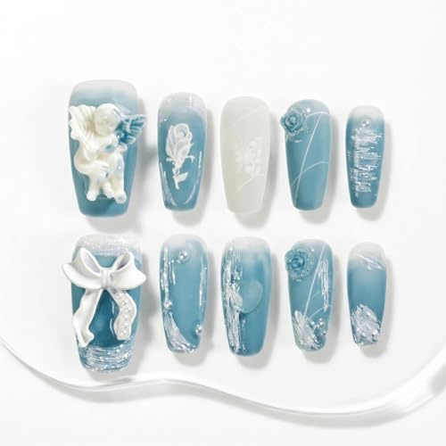 Sun&Beam Nails Handmade Press-On Nails Medium Ballerina Blau (#008 M) | Hellblau und Weiß mit 3D-Blüten, Perlendetails und mattem Finish im 10-teiligen Set