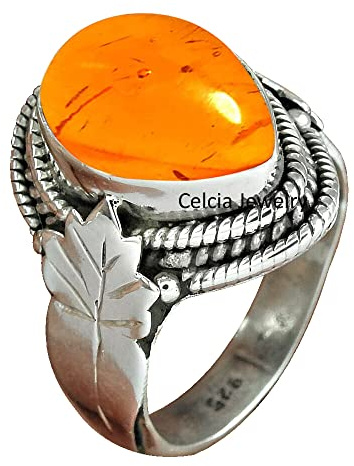 Anillo de banda con forma de pera de piedra preciosa curativa genuina de ámbar báltico, anillo de declaración de plata de ley 925 sólida, joyería fina hecha a mano, anillo de regalo único para mujer