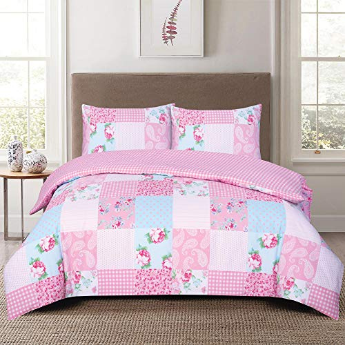 3 Pieces New Luxurious Super Soft Duvet Cover Set Cotton Rich Reversible Quilt Cover Bedding Set With 2 Pairs Pillowcases (Floral Patchwork Pink, King)
