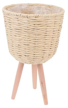 Happyyami Pot de fleurs surélevé sur pied en jonc de mer - Panier de fleurs tissé avec 3 pieds - Décoration Intérieure Beige