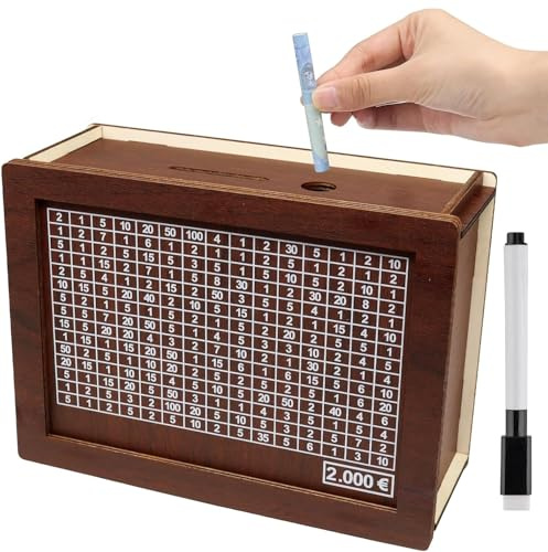 Spardose aus Holz, Sparbox, Sparschwein, Wiederverwendbare Spardose mit Sparziel und Zahlen, Sparbüchse Aufbewahrungsbox für Hilft Gewohnheit Zum Sparen (2000€)