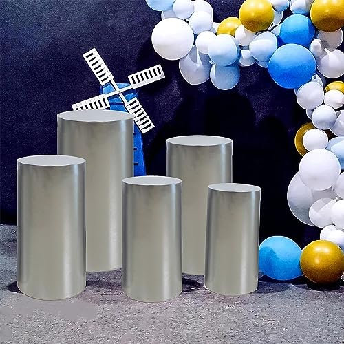MegLob 5Pcs Event Decor Direkter Runder Zylinder Ständer Podest Display, Zylinder -Sockel -Hochzeitsrequisiten, Bityhday Party -Metallzylinder -Sockelkuchen/Kerzenanzeige,Silber