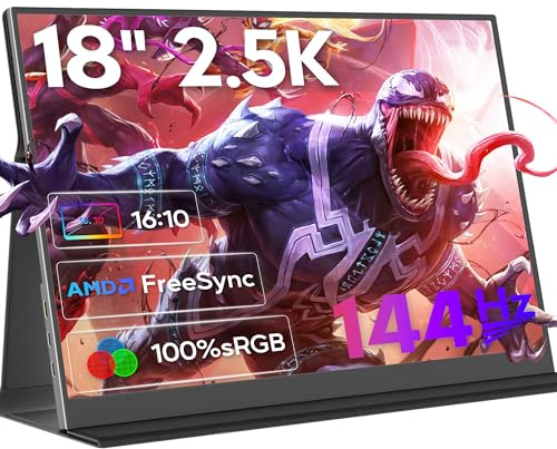OUNSHLI - 18 2.5K 144Hz Portable Monitor, 2560x1600, 100% sRGB FreeSync HDR Portable Gaming Monitor with VESA and Case, 16:10 Wide Screen IPS External Monitors for