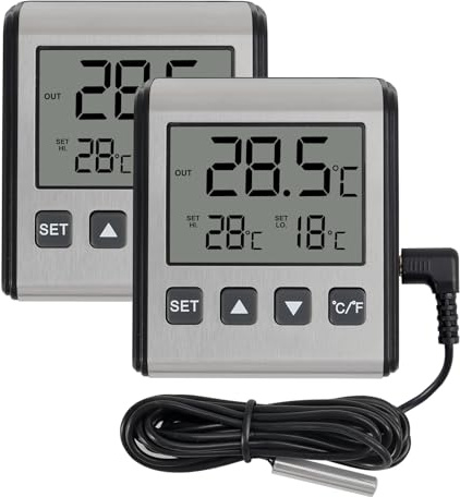 DWEII 2 Pack Refrigerator Thermometer， Freezer Thermometer,Temperature Monitor frdge Thermometer with External Probe Digital LCD high and Low Temperature Alarm Extra Sensor with Stainless Panel