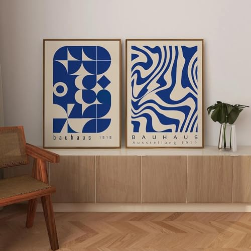 KemneT Abstraktes Bauhaus-Leinwandgemälde mit blauer Linie und geometrischer Mitte des Jahrhunderts Wand Bilder Bild Vintage-Poster Kunstdrucke Raumdekoration 50 x 70 cm x 2 ungerahmt