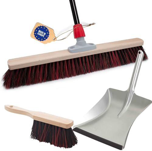 Novaliv Straßenbesen mit Stiel 60 cm Arenga-Elaston Borsten inkl. Kehrgarnitur verzinkt bestehend aus Kehrblech und Handfeger Ideal als Gartenbesen Terassenbesen Hofbesen Kehrbesen Outdoor Broom