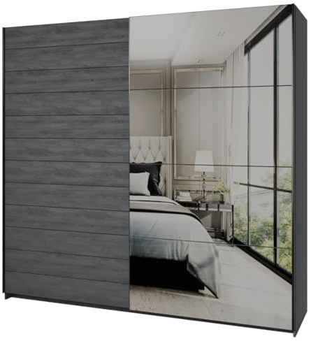 PRICE FACTORY just for you Armoire 2 Portes coulissantes 220cm Coloris Gris Effet Bois avec Miroir. Collection Floyd