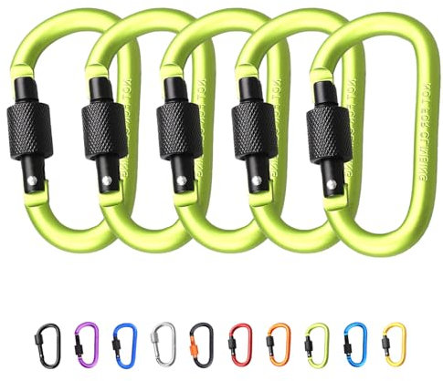 5Pcs Carabiner Clip Locking Carabiner, 7.8cm/3inch Green Aluminum Alloy D-Ring Carabiners Key Locking Key Chain Clip Hook for Camping, Hiking, Traveling, Fishing, Backpack Keychains Keyring Outdoor
