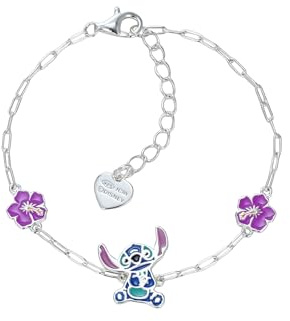 Disney Stitch und Hibiskusblüten Armband aus 925er Sterlingsilber, mit farbiger Emaille, Länge 13-17 cm, für Damen und Mädchen, Fertig zum Verschenken, Offizieller Disney Schmuck