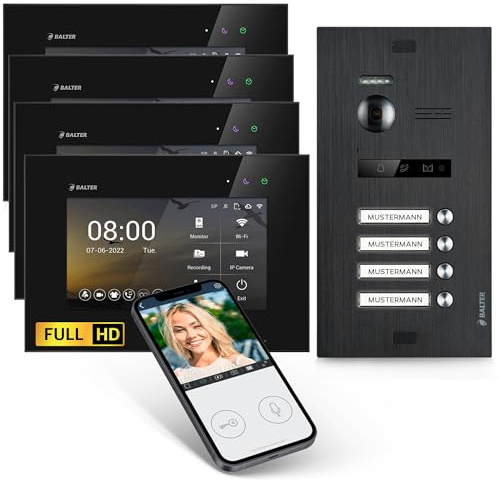 Balter EVO-HD Video Türsprechanlage, Video Türklingel mit Kamera, 4 Familienhaus Klingel, Smartphone App, 4X 7 Zoll HD Monitor, Full HD-Kamera, 2 Draht Bus, Gegensprechanlage mit 175° Weitwinkel