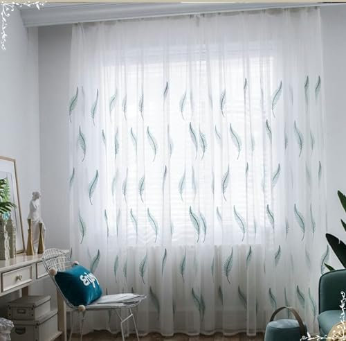 Beydodo Vorhänge Weiß 2er Set mit Haken, Gardinen für Schienensystem 107x147CM Landhausstil Stickerei mit Blau Feder Muster Gardinenschals Polyester Halbtransparent für Wohnzimmer Schlafzimmer Küche