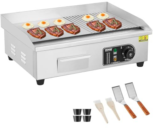 VEVOR Piastra Elettrica Commerciale, Piastra Half-Flat Top da Banco da 3200 W, Temperatura Regolabile Piastra in Acciaio Inossidabile 50-300°C, 54 x 30 x 1 cm con 2 Pale 2 Spazzole Casa Ristorante