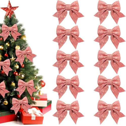 Shyllin 10 PCS Pailleté Noeuds Noel, Noeud de Ruban de Noël Decoration, Rose Noeuds pour Sapin de Noel, pailleté Arcs de Noël pour Coffrets Cadeaux, Arbres de Noël, Anniversaires, Fêtes, Mariages