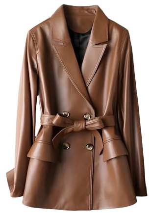 A&M Express Damen Mittellanger Wintermantel - Echt Leder Braun Gürtel Mantel, braun, S