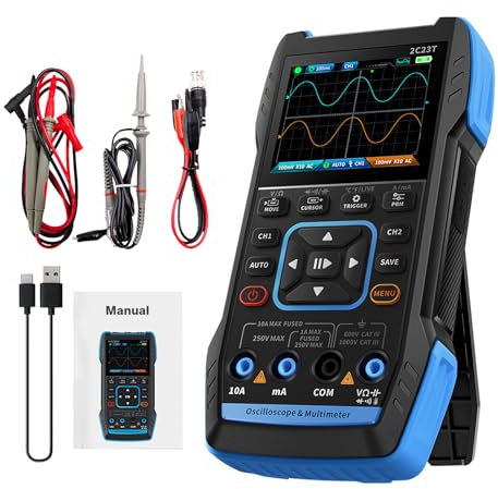 TICFOX Osciloscopio multímetro, osciloscopio digital de 2 canales, multímetro de medición manual 3 en 1, ancho de banda de 2 × 10 MHz, frecuencia de muestreo de 50 MSa/s, generador de señal para
