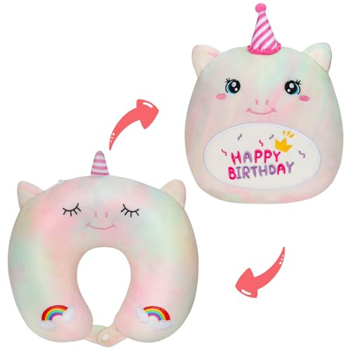 Nackenkissen Kinder 2 In 1, NackenhöRnchen Kinder mit Einhorn Plüschkissen, Verformbares 25CM Happy Birthday Plüschtier, U-förmige Einhorn Plüschtier Reisekissen Kinder für Flugzeug, Auto, Nickerchen