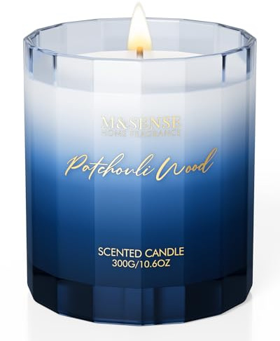 M&SENSE Duftkerze im Glas|Patchouli Holz Kerze im Glas|300g 60 Stunden Brenndauer|Sojawchskerze Sauber Verbrennung Geschenk für Frauen | 60 Stunden lang anhaltend, langsames Brennen, organisch, ungiftig, holziger Duft, Geschenke für Männer
