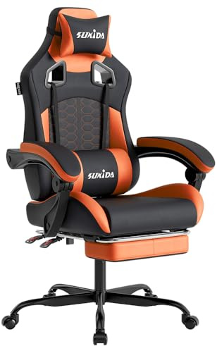 SUKIDA Silla ergonómica para Videojuegos con reposapiés, reposacabezas para Silla de Videojuegos, Ajustable, Altura Regulable, Soporte Lumbar para Oficina en casa y Juegos, Color Naranja