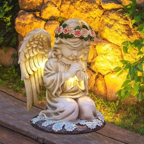 Solar Engel Gartenstatue, LED-Schutzengel-Figur, Grabschmuck Outdoor Deko, Gebetsengel Solarleuchte, Wetterfest Grabschmuck, Gartendeko Figuren für Herbstdeko Hof, Friedhof,Fensterbank,Terrasse,20,5cm