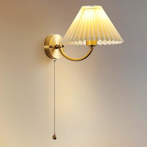LOGT Messing Wandlampe mit Schalter Stoffschirm Wandleuchte Innen Vintage Industriell Leseleuchte Gold Modern Wandleuchtung mit Zugschalter Stoff Lampenschirm Nchttischlampe E27 Fassung für Wohnzimmer