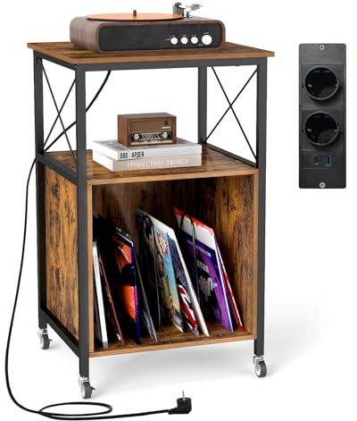 RELAX4LIFE Supporto per Giradischi e Vinili, Mobile Giradischi Vintage con Ruote e Stazione di Ricarica, Mobile in Legno per Dischi in Vinile, Telaio in Metallo, per Soggiorno, Studio, Ufficio