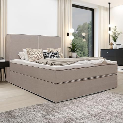 Juskys® Boxspringbett Detroit 180x200 cm beige - Modernes Design - Chenille Stoff - Inklusive Matratze & Topper für Schlafzimmer