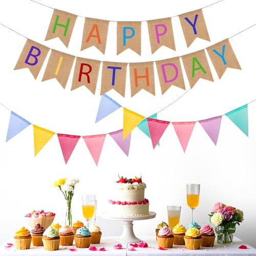 Dncvb Happy Birthday Girlande Sackleinen 4 Stück Girlande Geburtstag Leinen Geburtstagsgirlande Geburtstag Wimpelkette Geburtstagsdeko Bunt mit Dreieckiger Girlande für Erwachsene, Kinder, Mädchen