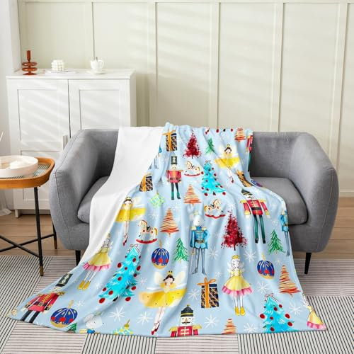Loussiesd Christmas Nutcracker Plush Throw Blanket, 40x50Inch Kids Ballet Nutcracker Flannel Fleece Blanket for Sofa Couch Teens Soldier Prince Mouse Fairy All Season,Bed Blanket Blue Room Decor