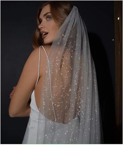 LYHYDMA Brautschleier Funkelnde Brautschleier Lange goldene Braut Hochzeitsschleier Farbiges Garn mit Pailletten(White,150cm)