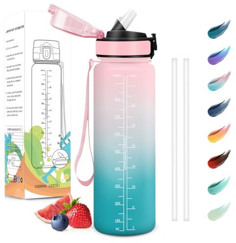 Motswedi Trinkflasche, 1L BPA-Frei, Trinkflasche mit Strohhalm, Kohlensäure Geeignet,Trinkflaschen Sport, Auslaufsicher, Wasserflasche, Sport Trinkflasche für Yoga, Gym, Schule, Outdoors, Pastellgrün