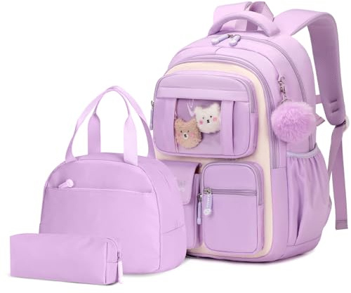 Amythe Zaino Scuola Elementare Bambina, 3 Pezzi Zaino per Ragazze in Nylon con Borsa per il Pranzo e Astuccio, Zaini Ragazza Traspirante Scuola Primaria e Media con Ciondolo, Viola