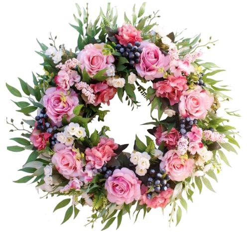 Rose Wreath 22 Inch Fade Resistant Spring Wreaths Realistic Flower Wreath Spring Wreaths, Peony, Flower, Front Door, For Front Door