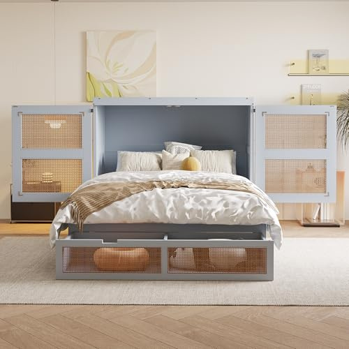 MYBOO Schrankbett 140x200, Wandbett Doppelbett mit Lattenrost, Klappbett mit Schrank&Schubladen, Wandklappbett Murphy Bett Holzbett Jugendbett Funktionsbett Vertikal Bettschrank, Ohne Matratz, Grau
