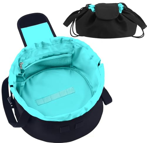 Lay Flat Drawstring Makeup Bag,Travel Cosmetic Organizer for Women,Large Capacity Toiletry Bag,Portable Open-Flat Design for Skincare and Makeup Brushes (Green)