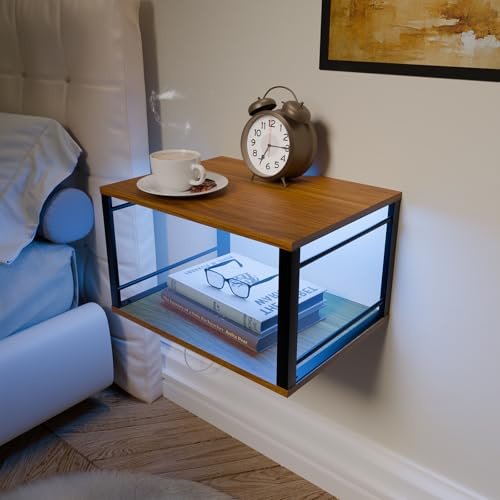 Nachttisch Hängend mit RGB LED-Beleuchtung, Nachtkästchen Schwebend mit Metallrahmen und Holzplatte,2-Stöckiges Offenes Regal,Platzsparendes Möbelstück für Schlaf,Wohnzimmer & Küche(40x30x22cm,Braun)