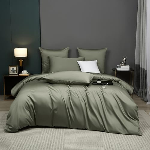 Luowei Mako Satin Bettwäsche 220x240 cm Baumwolle, 3‑teilig, Grün | 100% Baumwolle Seidig WeichBettwäsche-Set, Atmungsaktiv Luxuriös und Kühlend mit Reißverschluss und 2 Kissenbezüge 80x80