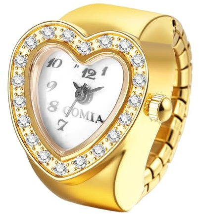 Lancardo Ringuhr Damen Elastische Fingeruhr: Herzform Diamant Analoge Quarzuhr Fingerringuhr Damenuhren mit Arabischen Ziffern Stretchband Ring Uhr Uhrenring Geschenke für Frauen Mädchen Gold