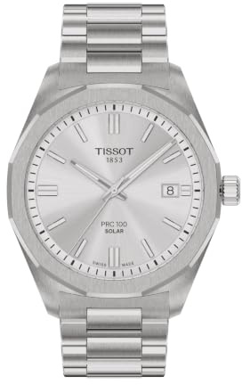 Tissot PRC 100 Solar, silbernes Zifferblatt, 39 mm Armbanduhr für Herren, Edelstahlgehäuse und Armband, Solar-Quarzwerk, T1514221603100