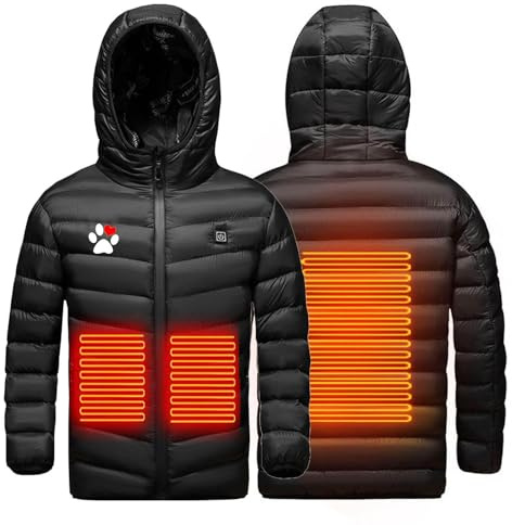 Doudoune Chauffante Enfants USB Veste Chauffant Electrique avec 2 Zones de Chauffage Manteau Coupe-Vent Imperméable Hooded Sweat avec Imprimé Vêtements pour Le Extérieur Tenue Quotidienne