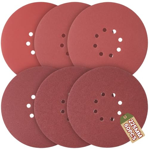 225mm Sanding Disc, 60 Pieces Mix Set, Sander Disc 8 Hole 225mm Hook and Loop Sanding Discs 9 inch Sanding Discs, Each 10 x Grain 40/60/80/120/240/320, for Drywall Sander Sanding Pads
