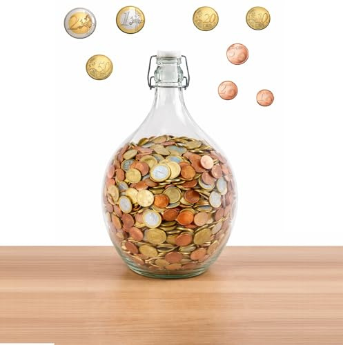 MIKONI Sparflasche Flasche für 1- und 2-EUR-Münzen Sparbüchse Spardose 5L Flasche mit BÜGELVERSCHLUSS Glasballon Weinballon Bügelflasche Glasflasche Bügelverschlussflasche MD2