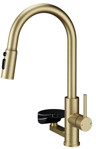 Kitchen Tap with Cup Washer Single Handle, High-Arc Kitchen Sink Mixer Taps with Pull Out Sprayer Glass Rinser, Swivel Spout with 3 Modes Spray Head Brushed Gold