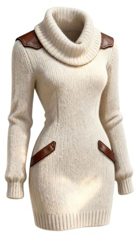 Generisch Vestido de punto para mujer, de invierno, manga larga, elegante, largo hasta la rodilla, cuello enrollado, vestido de invierno, sexy, manga larga, vestido de lana, vestido informal, R Beige